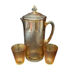 Vintage Jeanette Glass Marigold Carnival Treebark Beverage Pitcher & Tumblers